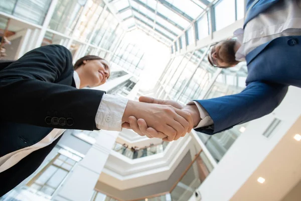 オフィスセンターのパノラマに対して握手をする訴訟で成功したビジネスパートナーのビューの下で — ストック写真