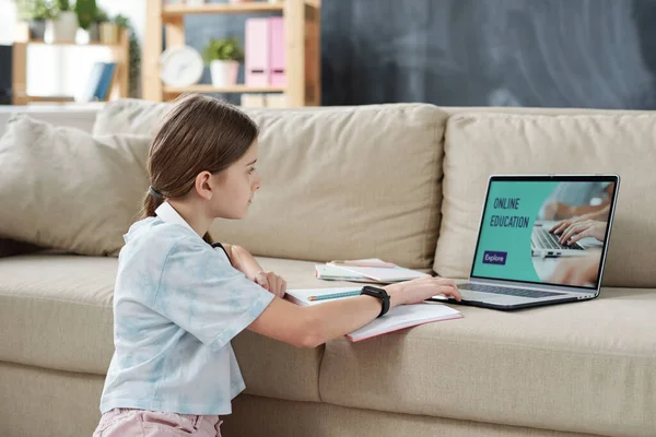 Teenage Girl Ponytail Sitting Sofa Using Laptop While Taking Online — Stock Photo, Image