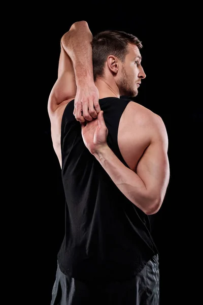 Rear View Young Sportsman Black Vest Shorts Holding Hands Back — Stock Photo, Image