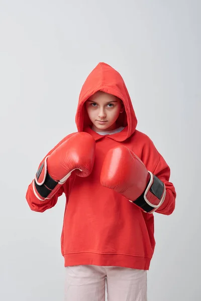 Serious Teenage Girl Hoodie Looking Anger Camera Ready Boxing — Stock Photo, Image