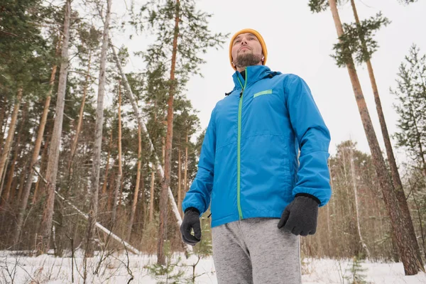 Below view of pensive young man with stubble wearing warm clothes walking in winter forest