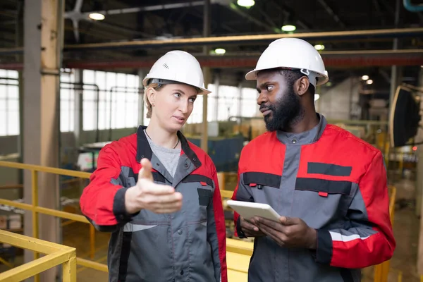 Horizontal Shot Black Man Caucasian Woman Wearing Protective Workwear Standing — Stock Photo, Image