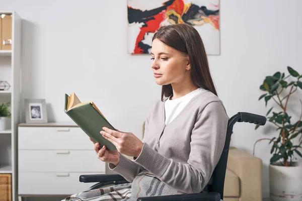 Young Disable Brunette Woman Casualwear Sitting Wheelchair Reading Book While — Zdjęcie stockowe