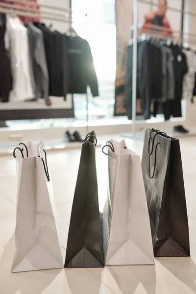 Close Black White Shopping Bags Placed Floor Modern Clothing Store — Stock Photo, Image