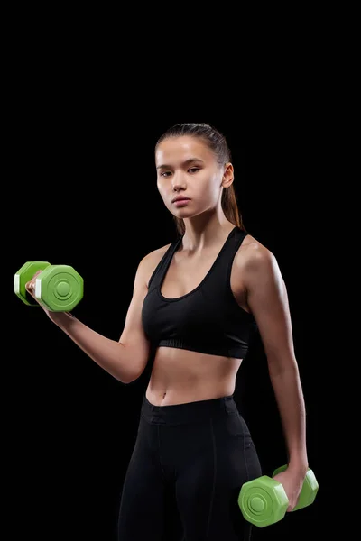 Cute Young Sportswoman Activewear Standing Front Camera Exercising Green Dumbbells — Stock Photo, Image