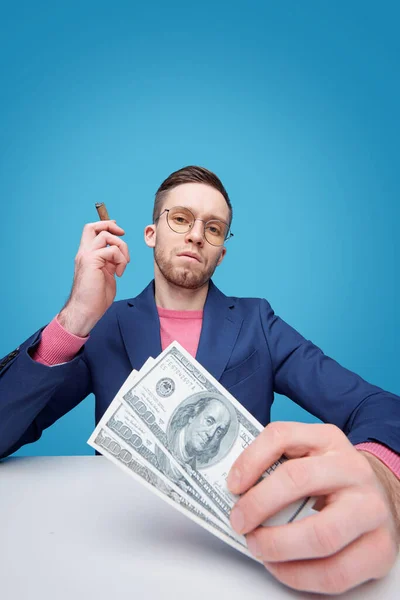 Portrait Serious Self Righteous Young Bearded Man Glasses Sitting Money — Stock Photo, Image
