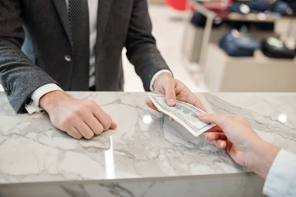 Close Unrecognizable Man Jacket Standing Marble Counter Giving Money Seller — Stock Photo, Image