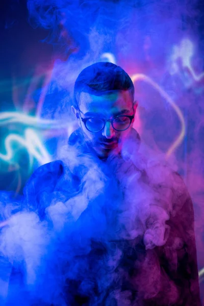 Head Young Man Eyeglasses Standing Isolation Front Camera Smoke Blue — Stock Photo, Image