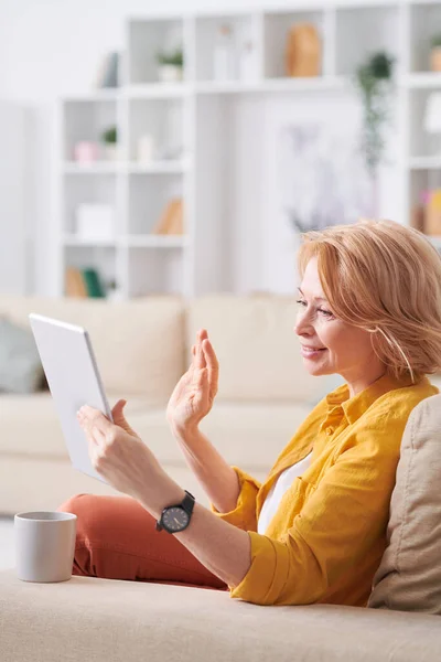 Happy Restful Mature Woman Casualwear Relaxing Couch While Having Tea — Stock Photo, Image