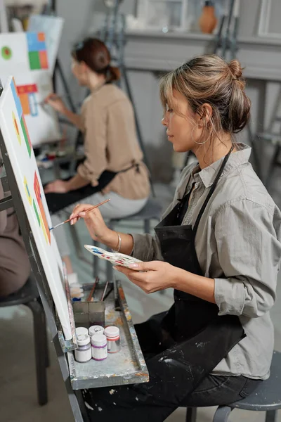 One Young Students Painting Course Sitting Front Easel Working Unfinished — Stock Photo, Image