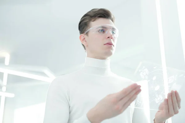 Serious Handsome Young Man Smart Goggles Working Ultramodern Transparent Device — Stock Photo, Image