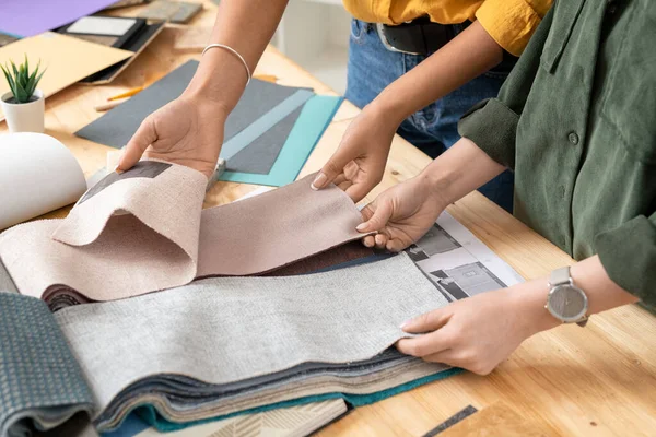 Hands Two Young Female Colleagues Looking Fabric Samples Desk While — Stock Photo, Image