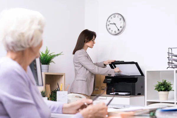 Jeune Secrétaire Bureau Élégant Agent Assurance Faisant Une Copie Document — Photo