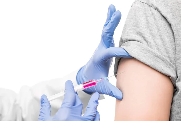 Mains Gantées Infirmière Seringue Blanche Avec Vaccin Contre Covid19 Par — Photo