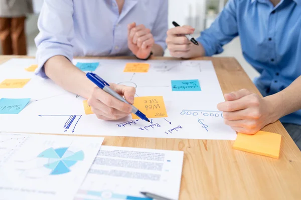 Close Unrecognizable Business Specialists Discussing Product Implementation Creating Task Board — Stock Photo, Image