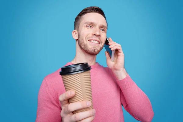 Happy Young Man Toothy Smile Talking Mobile Phone While Having — Stock Photo, Image