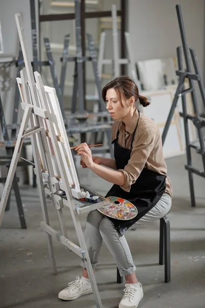 Young Diligent Student Painting Course Sitting Chair Front Easel Creating — Stock Photo, Image