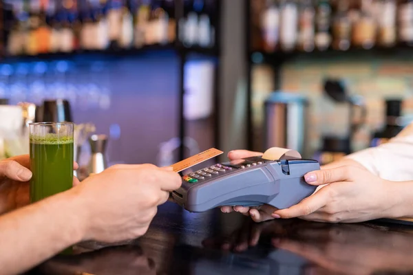 Hand Young Man Holding Plastic Card Payment Machine Held Waitress — Stock Photo, Image