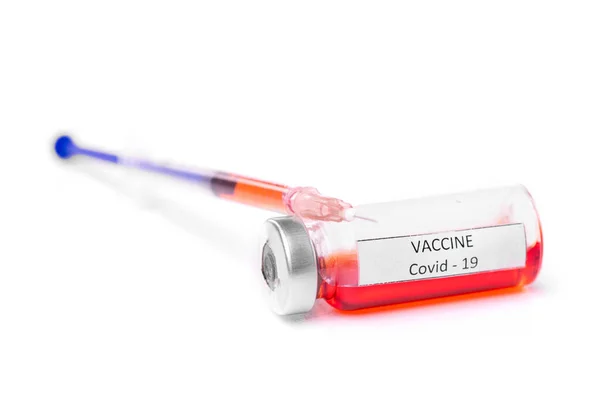 Close Bottle Red Coronavirus Vaccine Filled Syringe White Background — Stock Photo, Image