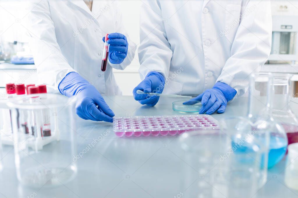 Gloved hands of two contemporary scientists in whitecoats testing new sanitizer or vaccine while standing by desk in laboratory