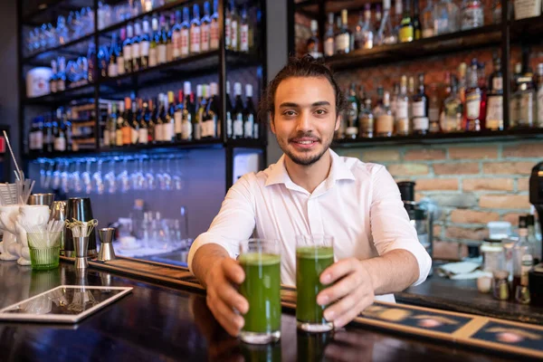 Happy Young Waiter Barman White Shirt Passing You Two Glasses — Stock Photo, Image