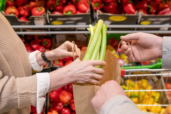 Hands Mature Female Consumer Putting Fresh Celery Paperbag Held Her — Stock Photo, Image