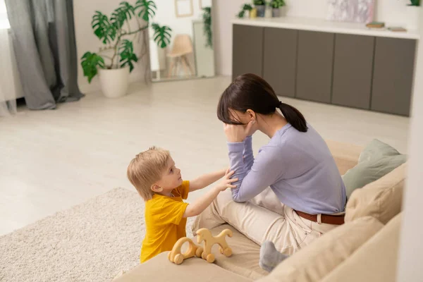Loving Cute Son Touching Mothers Arm While Consoling Her While — Stock Photo, Image