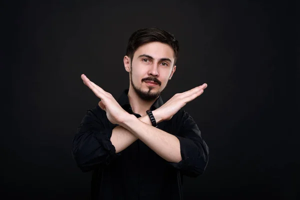 Portrait Young Bearded Man Standing Black Background Crossing Arms While — Stock Photo, Image