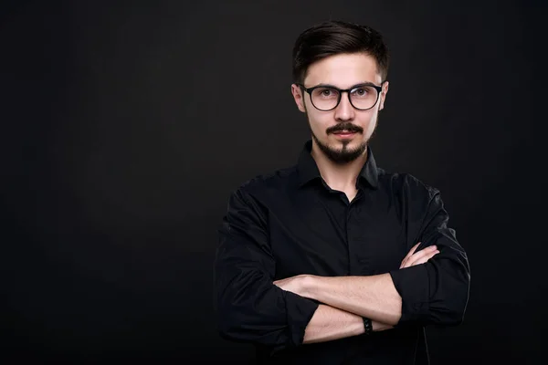 Portrait Serious Confident Young Entrepreneur Mustache Beard Standing Crossed Arms — Stock Photo, Image