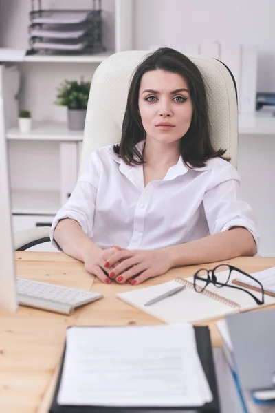 腕の椅子に座っている間にあなたを見ているかなり若い重大なビジネス女性やビジネス会社の頭カメラの前で — ストック写真