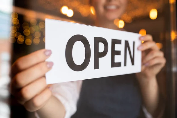 Hands Young Waiter Owner Restaurant Cafe Putting Notice Open Door — Stock Photo, Image