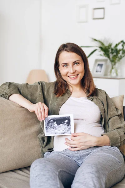 Portrait Happy Attractive Young Woman Homewear Sitting Sofa Holding Fetal — Stock Photo, Image