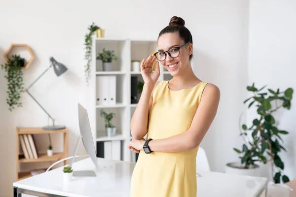 Portrait Cheerful Attractive Office Lady Yellow Dress Standing Cozy Office — Stock Photo, Image