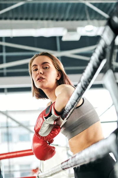 Aktif giyimli ve boks eldivenli oldukça genç bir bayan spor salonundaki antrenmanlar arasında mola verirken buz pistinin kenarındaki parmaklıklarda duruyor.