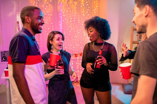 Two Joyful Young Intercultural Couples Glamorous Attire Having Drinks Party — Stock Photo, Image