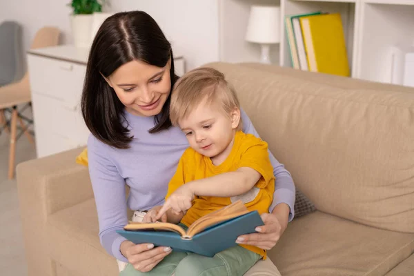 Menino Bonito Apontando Para Foto Página Livro Enquanto Discute Dos — Fotografia de Stock