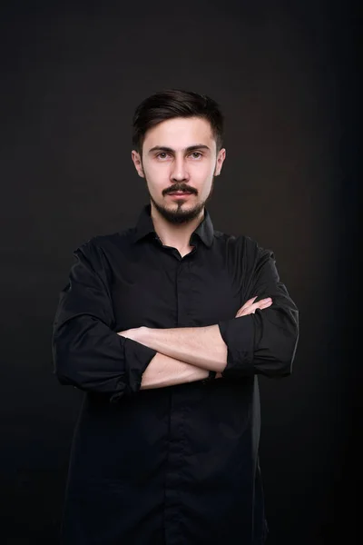 Portrait Serious Young Successful Man Standing Crossed Arms Black Background — Stock Photo, Image