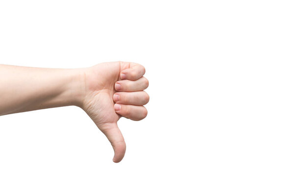 Большой палец вниз изолирован на белом фоне. Символ отказа.