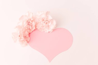 Beyaz arka planda üç küçük pembe karanfil çiçeğiyle dekore edilmiş büyük pembe bir kalp.