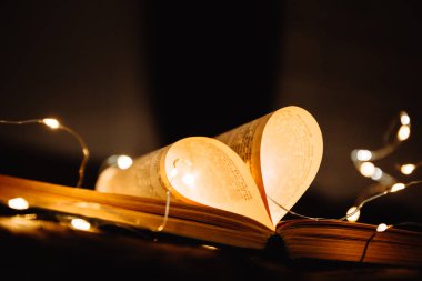 Parlak çelenk ışıklarıyla süslenmiş kalp şeklinde çarşafları olan sanat kitabı. Aşkın sembolü.