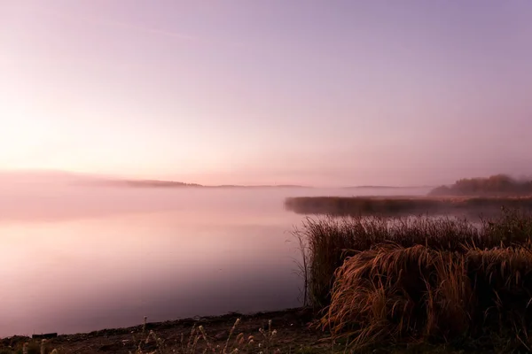 Early morning on the lake with a pink dawn and shrouded haze of mist, a mesmerizing mysticism of nature — Stok fotoğraf