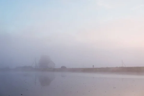 Птах літає в небі над озером під час ранкового туману, а на березі будинок і автомобіль — стокове фото