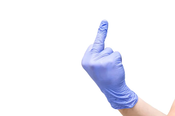 Hand Blue Latex Glove Isolated White Background Shows Obscene Gesture — Stock Photo, Image