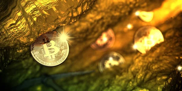 Altın bitcoin biraz bozuk para ile derin altın mağara içinde görünür. -3d çizim.