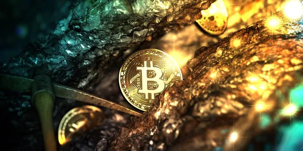 Kazma ve bazı sikke ile derin altın mağarada altın bitcoin incelemesi. -3d çizim.