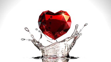 Su Splash beyaz zemin üzerine kırmızı kalp baklava 3d render.