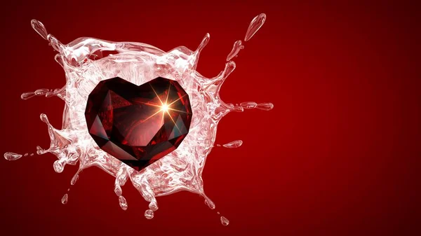 Red Heart Diamond with water Splash on red background,3D Rendering.