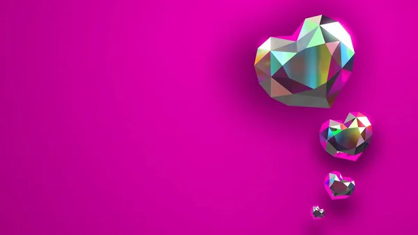 Krom kalp nesneleri sağ pembe arka plan üzerinde yatıyordu. 3D Rendered.