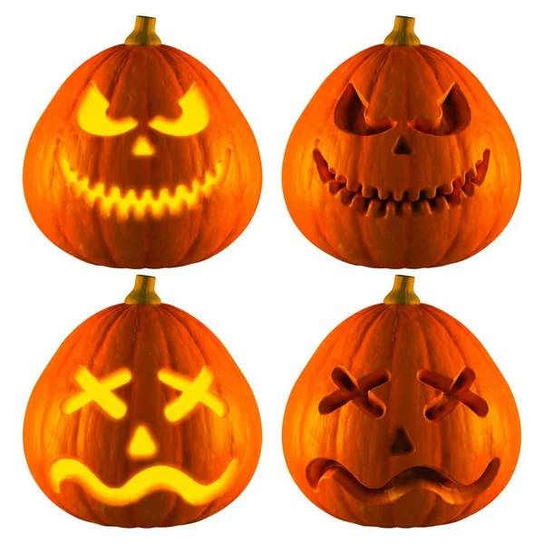 Jack O Lantern veya Halloween balkabağı kafa ile 2 farkı türü kötü gülümseme ve kederli izole beyaz arka plan. 3D render.
