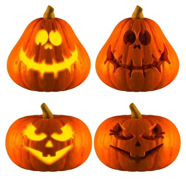 Jack O Lantern veya Halloween balkabağı kafa ile 2 farkı türü, deli ve tatlı izole beyaz arka plan gülümsemek. 3D render.